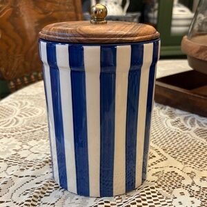 Blue and White Striped Ceramic Jar with Wooden Lid